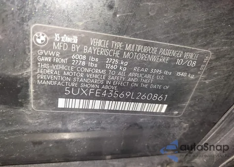 2009 BMW X5 xDrive30I z USA, uszkodzony, nr VIN 5UXFE43569L260861